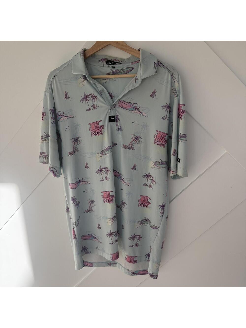 Bad Birdie Men's Golf Polo Shirt Size L Light Blue Tropical Print Yacht Rock